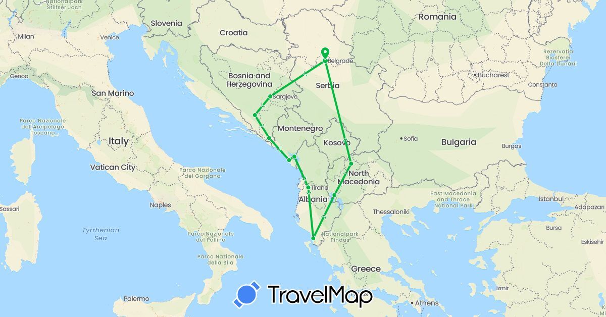 TravelMap itinerary: driving, bus in Albania, Bosnia and Herzegovina, Montenegro, Macedonia, Serbia (Europe)